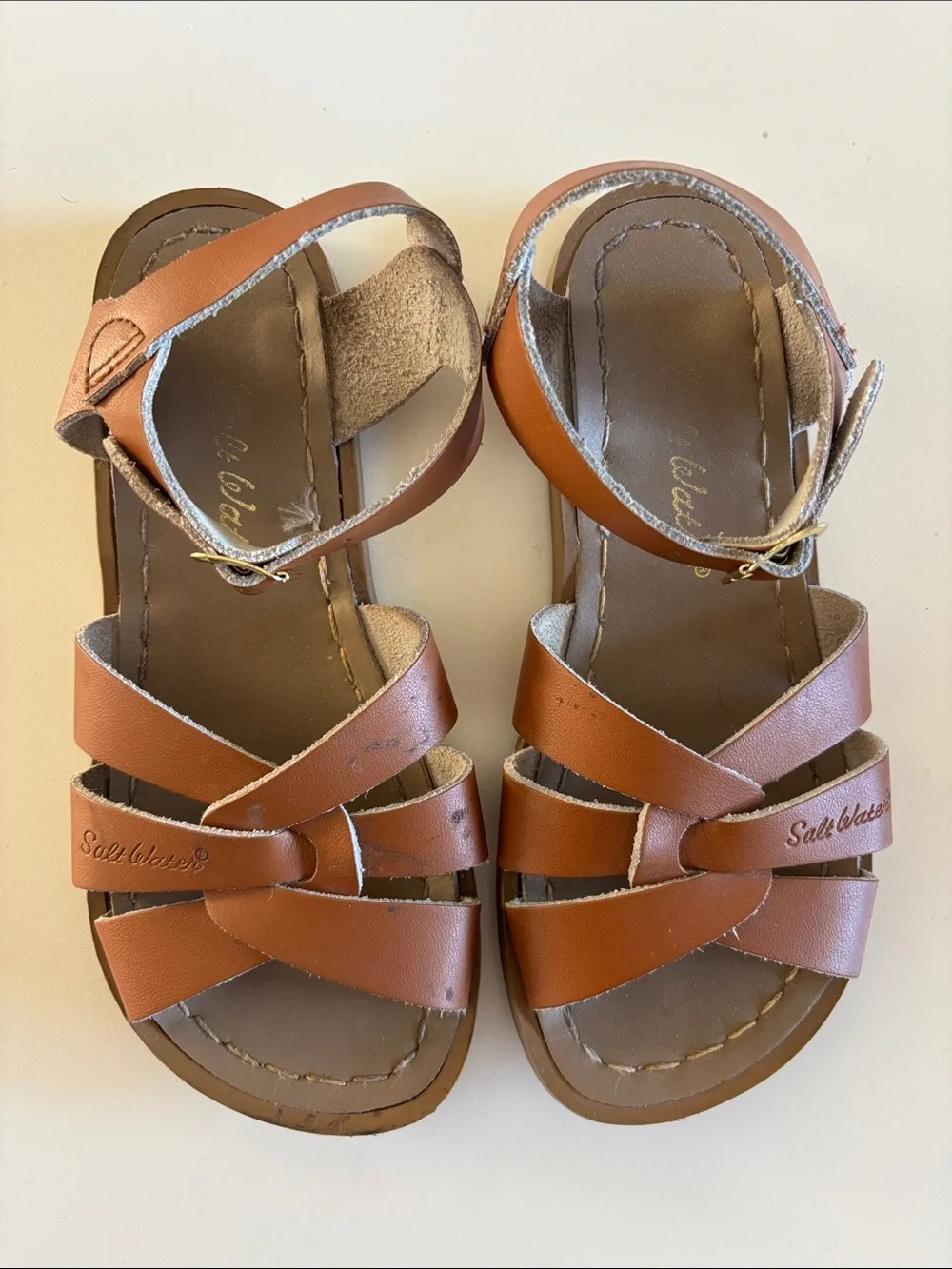 Salt Water Kids' Tan Strappy Sandals with Ankle Buckle